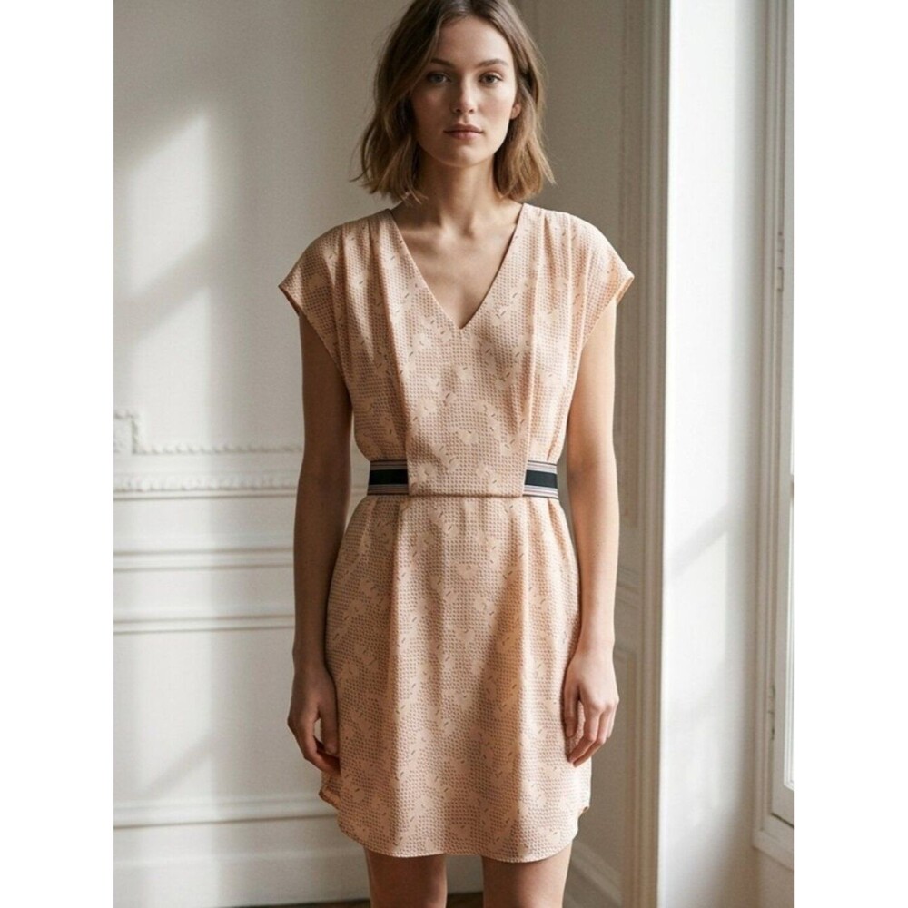 BCBGeneration Light Peach V-Neck Dress Batwing Sleeve Attached Belt Size Small